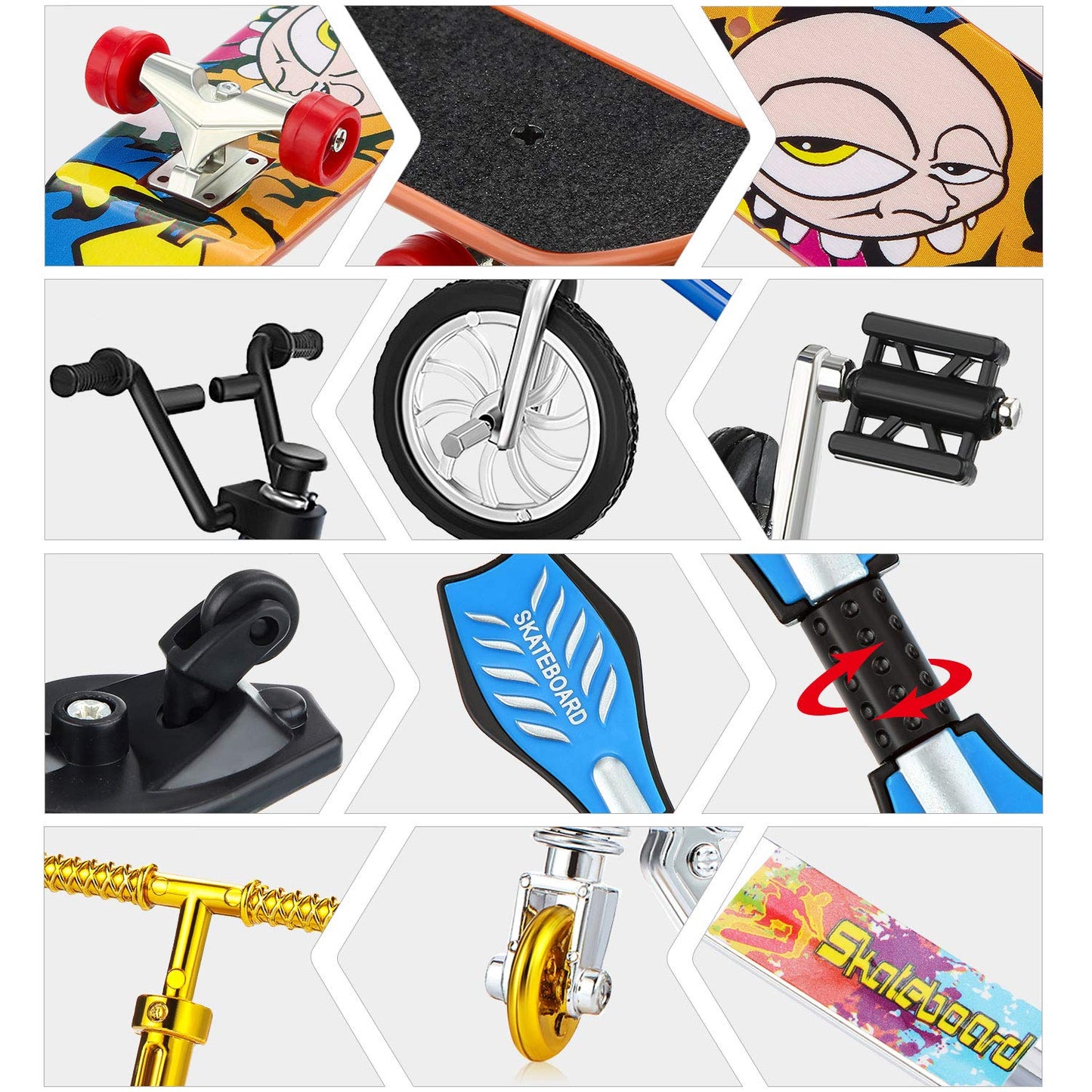 Sumind 18 Pieces Mini Finger Toys Set Includes Finger Skateboards, Finger Bikes, Mini Scooters And Matched Wheels And Tools Acce