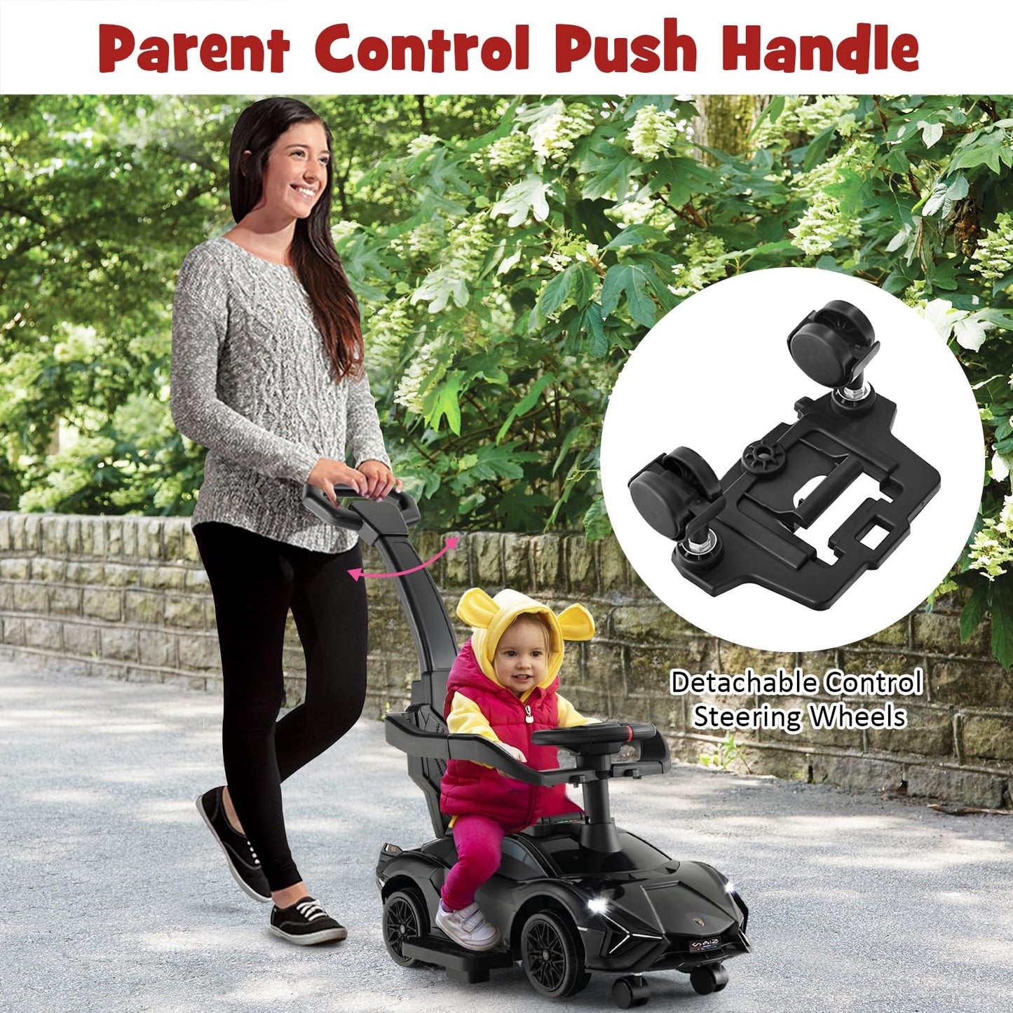 Infans 3 In 1 Ride On Push Car, Licensed Lamborghini Baby Stroller Sliding Walking Car With Push Handle, Music, Usb, Headlight, Under Seat Storage, Kids Foot-To-Floor Toy For 18-60 Months (Black)