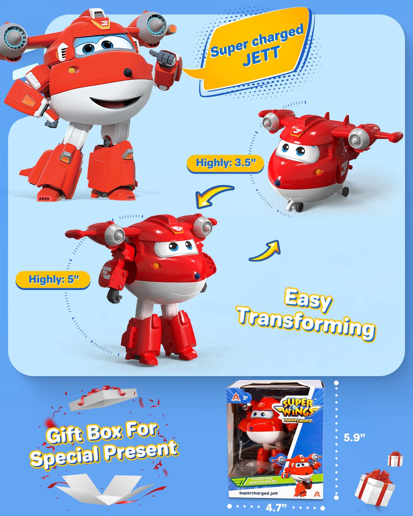 Super Wings 5' Transforming Supercharged Jett Airplane Toys, Action Figure, Airplane To Robot, Season 4 Transformer Toys, Gifts For 3+ Year Old Kids, Toys Plane Vehicle For Preschool Kids Play White