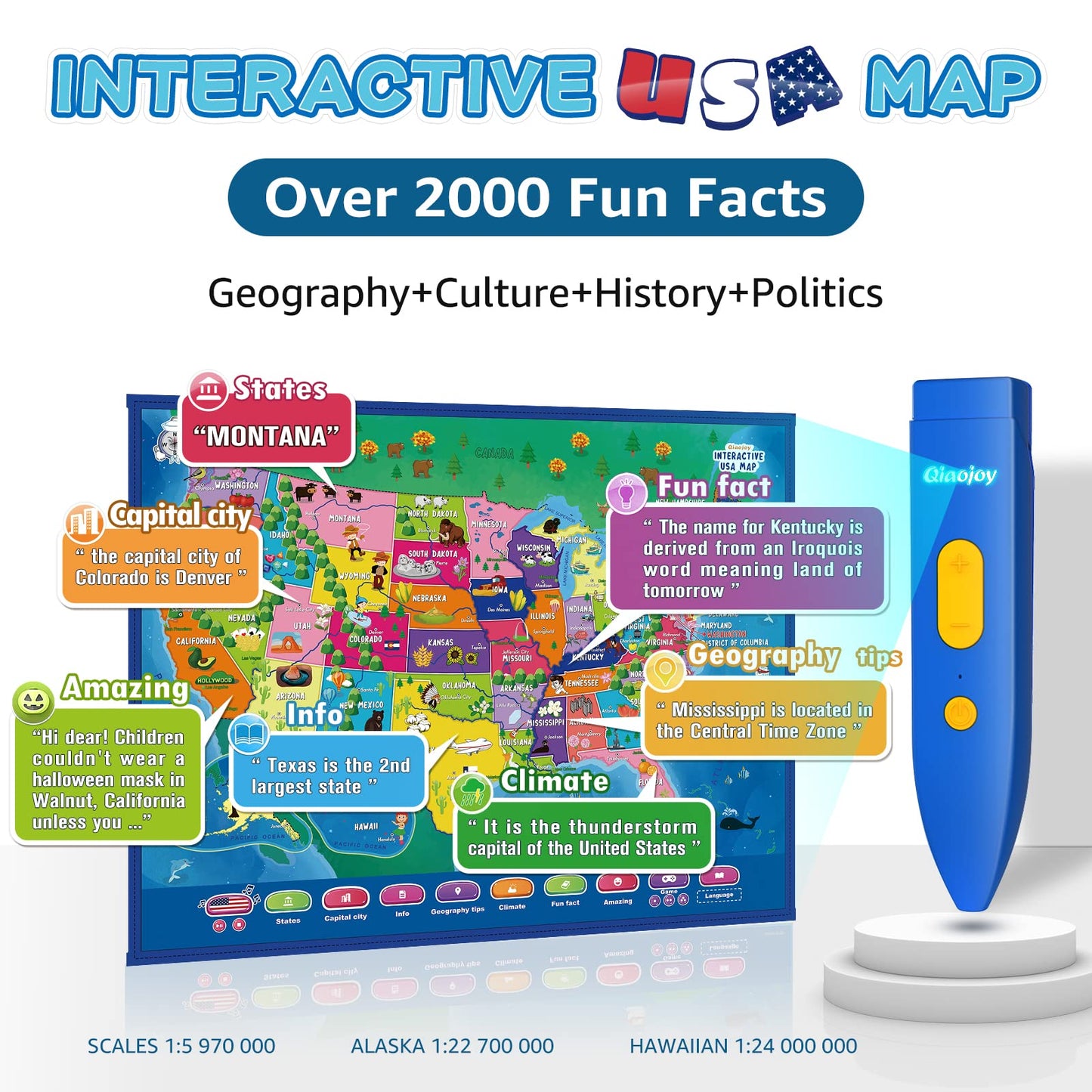 Qiaojoy Bilingual Interactive For Kids Talking Usa Map World Map For Kids Learning, Geography Toys Games Educational Electronic Map Personalized Gift/Toys For 4 5 6 7 8 9 10 Year Old Girls/Boys…
