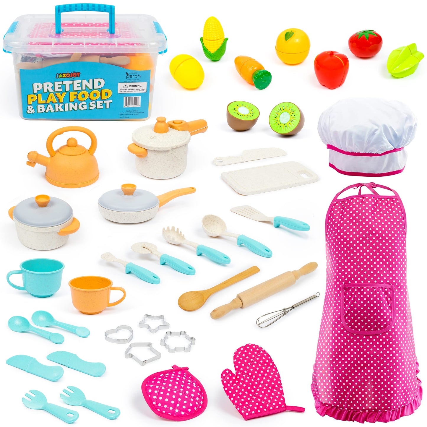 Kids Cooking and Baking Chef Set with Sliceable Play Food - Pretend Play Toddler Kitchen Toys - Kid Chef Apron, Fruit, Veggies,