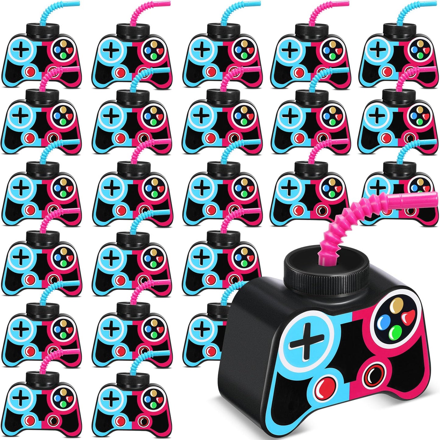 Mifoci 24 Pcs Plastic Video Gaming Party Favor Gift Supplies Cups With Straw And Lid,10Oz Gamer Birthday Party Video Game Shape