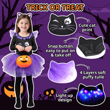 GIFTINBOX Cat Costume for Girls Light Up Black Cat Costume Halloween Animal Dress Up Costumes for Kids Age 3-9