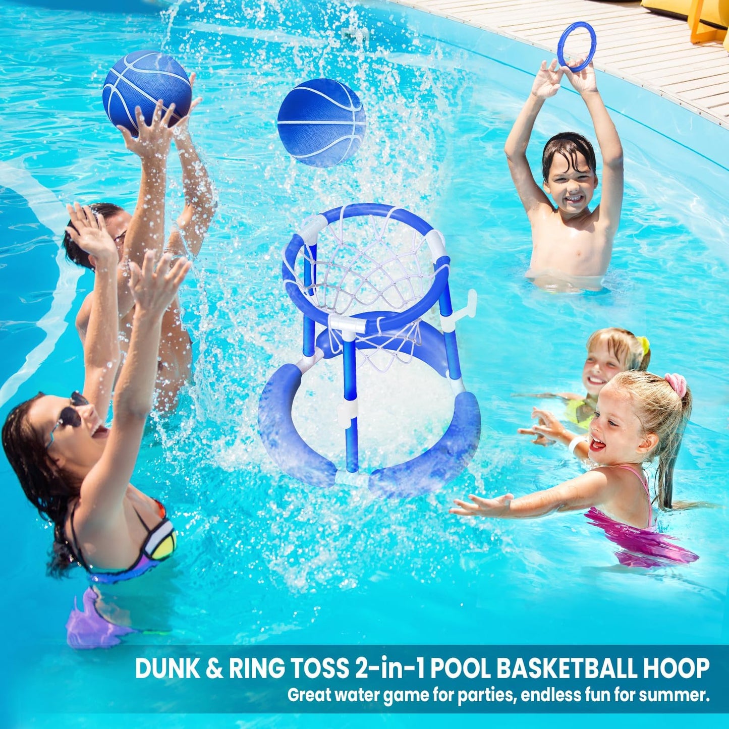 SpringFlower Pool Basketball Hoop, Summer Swimming Pool Floating Basketball Pool Toy, 2 in 1 Kids & Adults Summer Pool Outdoor P