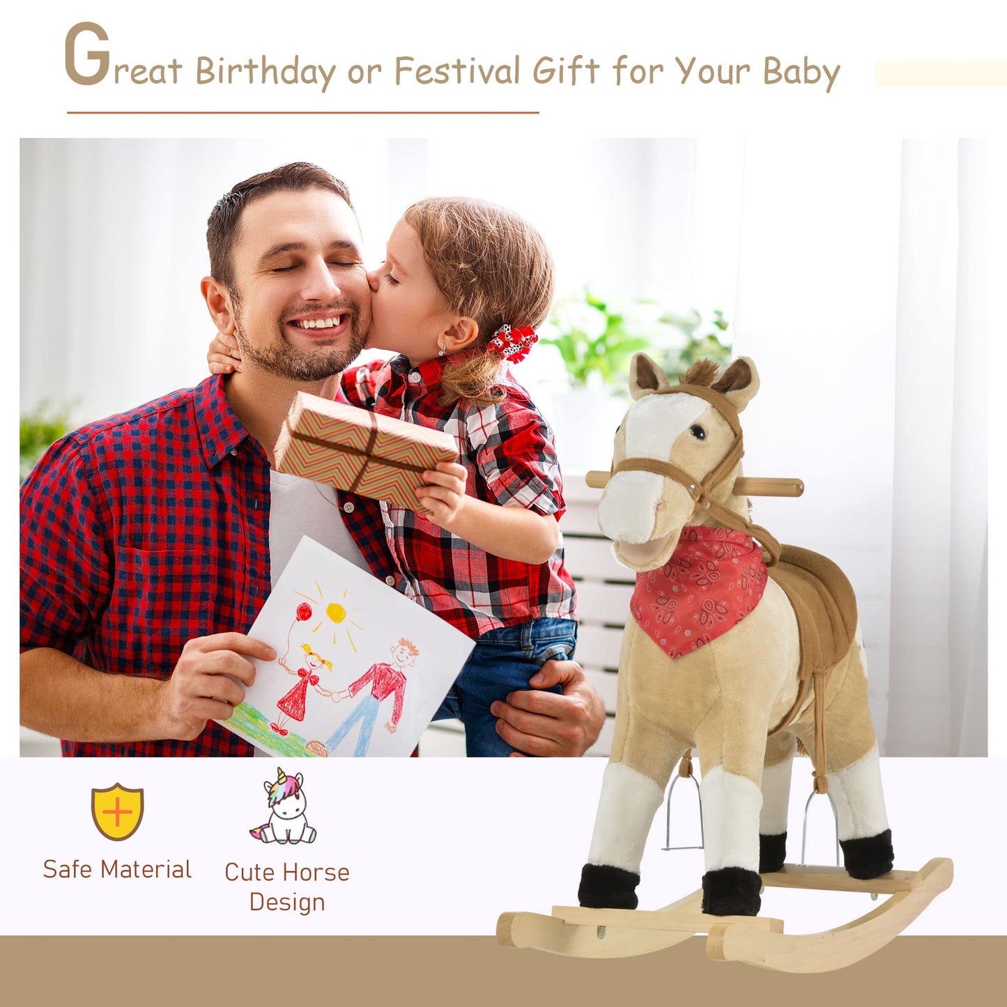 Qaba Kids Plush Ride-On Rocking Horse Toy Cowboy Rocker With Fun Realistic Sounds For Child 3-6 Years Old, Beige