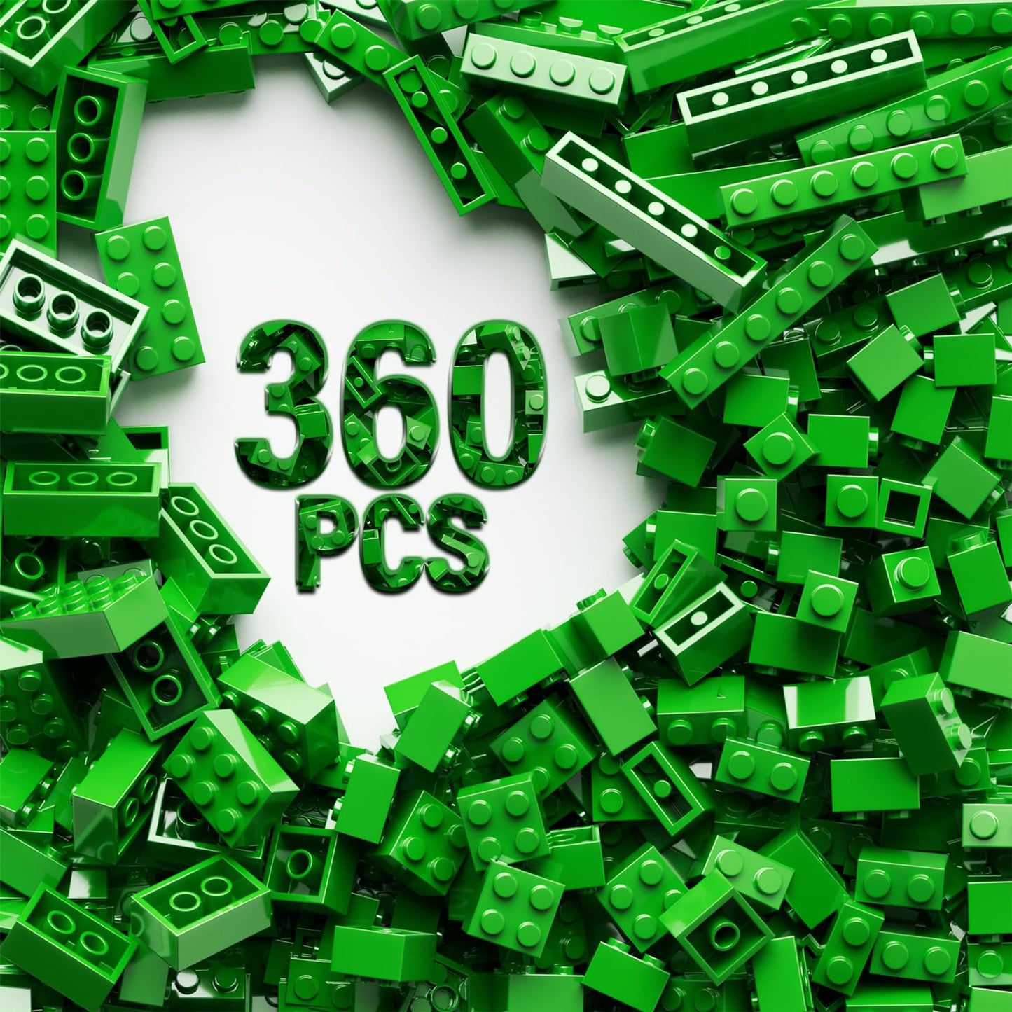 360 Piece Green Classic Building Blocks Bulk, 7 Sizes Building Bricks Assortment Pack, Compatible with Lego Parts and Pieces (Gr