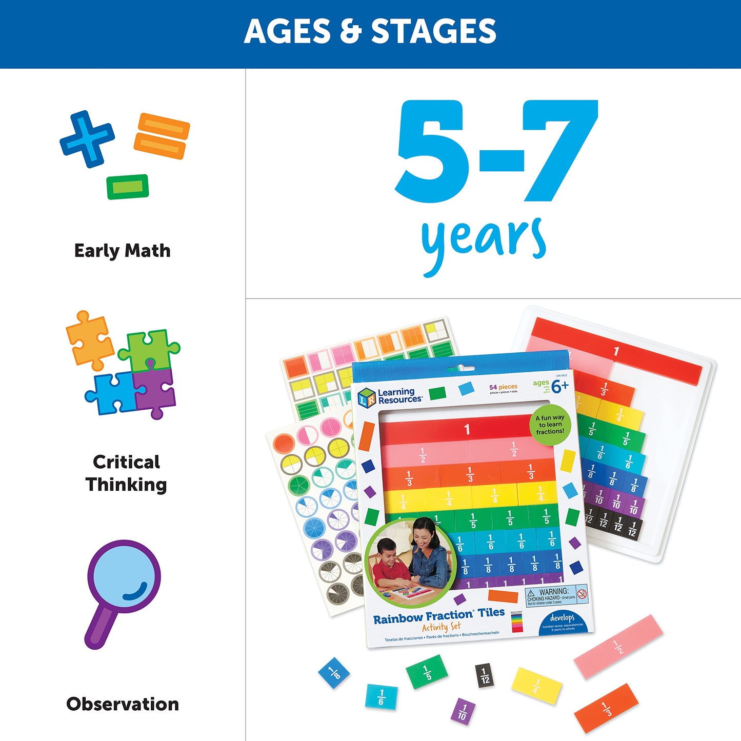 Learning Resources Rainbow Fraction Tiles - 54 Pieces, Ages 6+ Early Math Skills, Visual Aid, Math For Kids, Teacher Supplies