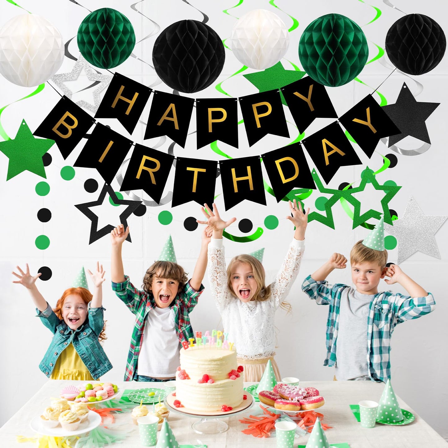 Meowtastic Birthday Decorations, Happy Birthday Banner With Honeycomb Balls, Star Hanging Swirl Streamer, Circle Dot Garland, Happy Birthday Party Decorations For Women Men Boys Girls (Green & Black)