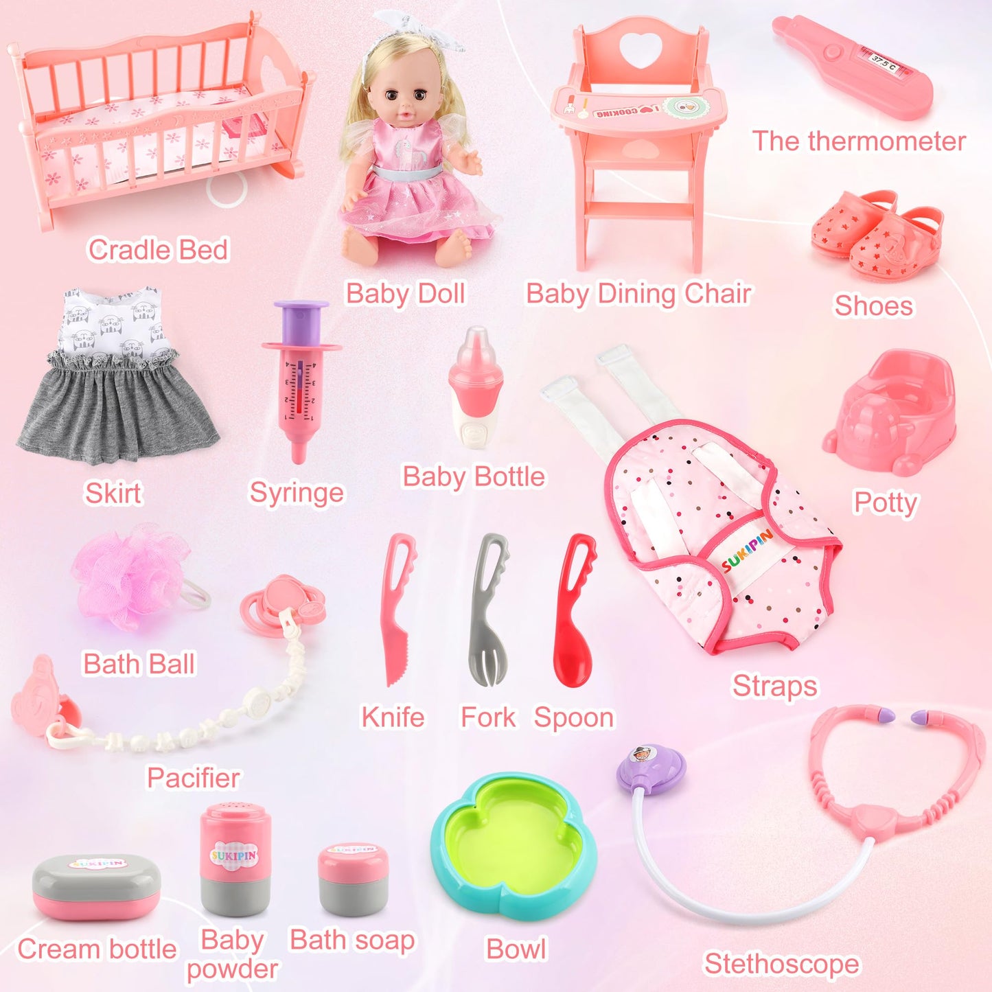 Sukipin Baby Doll Playsets For Girls, Baby Doll With Accessories Set For Girls 3-5, Baby Doll Set For 3 4 5 Year Old Girls Gifts