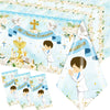 Gupesxu First Communion Decorations-Mi Primera Comunion Tablecloth,3Pcs Blue Baptism Table Covers For Boy Newborn Baby Shower Ta