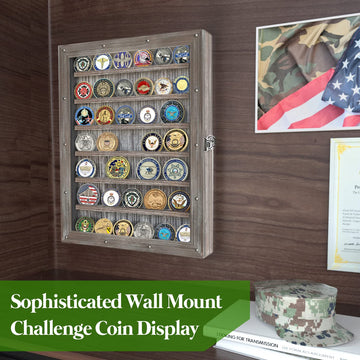 J JACKCUBE DESIGN Military Challenge Coin Display Case Holder, Large 13x17.5 inches Rustic Wood Wall Mount Cabinet - MK614A
