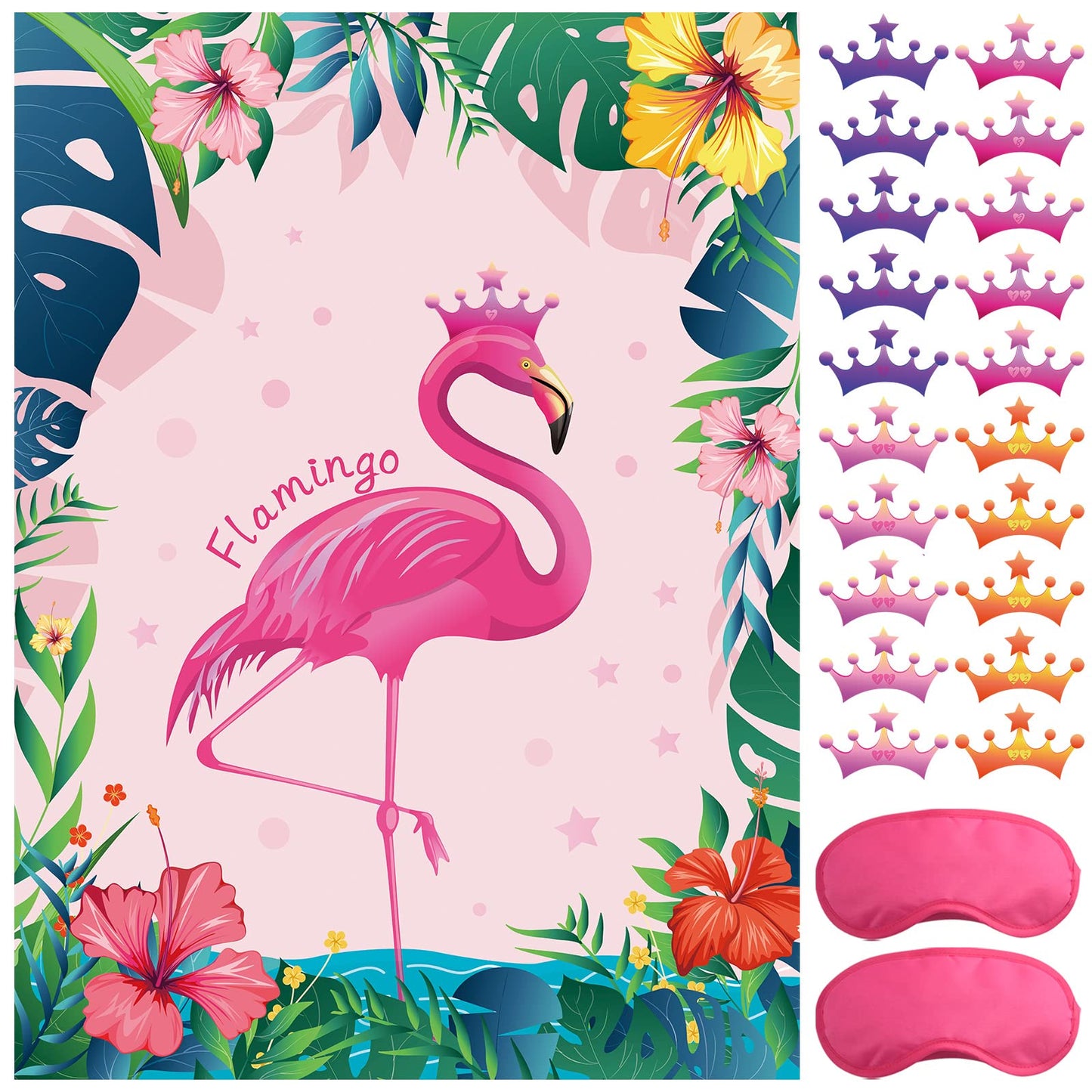 Astaron Pin The Crown On The Flamingo, Flamingo Theme Party Game With 24 Crowns For Kids Birthday And Hawaiian Luau Tiki Party Supplies