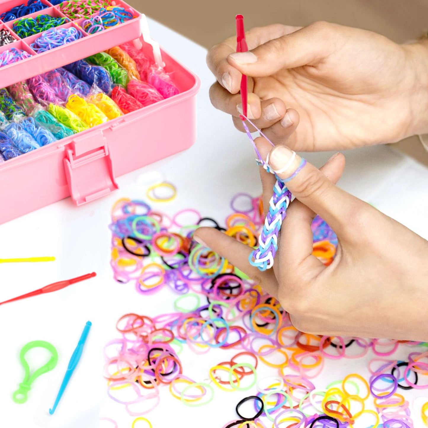 Inscraft 17500+ Rubber Loom Bands With 3 Layer Rose Pink Container, 28 Colors, 600 S-Clips, 352 Beads, 40 Cartoon Pendant, Bracelet Making Refill Kit For Kids