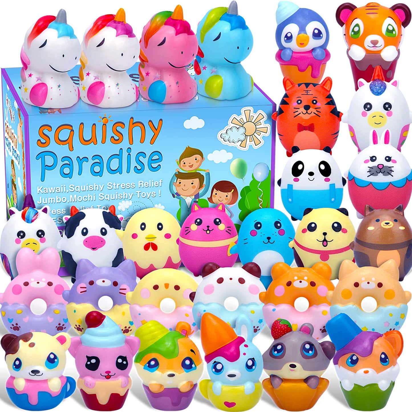 Pokonboy 30 Pack Kawaii Squishies Squishy Toys, Animals Squishies Cute Unicorn Donuts Slow Rising Creamy Scent Stress Relief Squishies Pack Party Favors Decorative With Key Chain