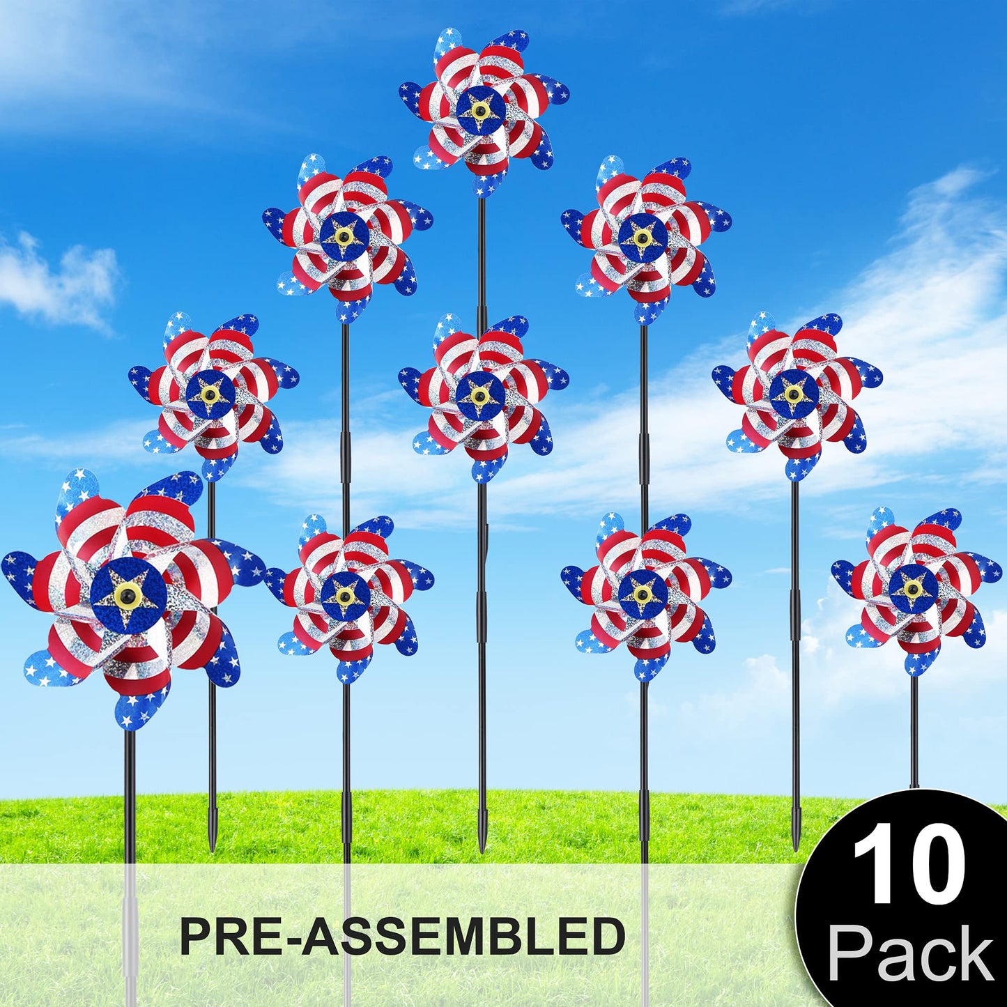 Battife 10 Packs Patriotic Sparkly Reflective Pinwheels For Yard And Garden, American Flags Blinding Birds Pin Wheel Scare Birds