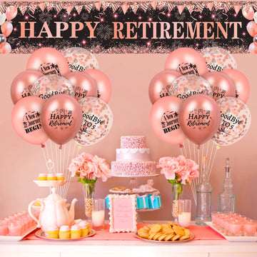 Happy Retirement Decorations For Women Large Rose Gold And Black Happy Retirement Banner Yard Sign With 18Pcs Rose Gold Retirement Balloons For Women Men Retirement Farewell Anniversary Party Supplies
