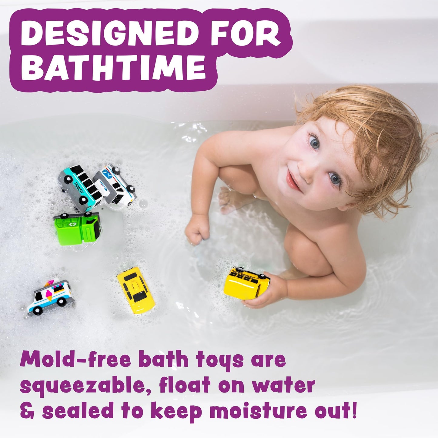Tub Works Vehicles Bath Cars Mold Free Bath Toys, 6 Pack | Sealed, No Hole Bath Toys Design Keeps Moisture Out | Soft, Squeezabl