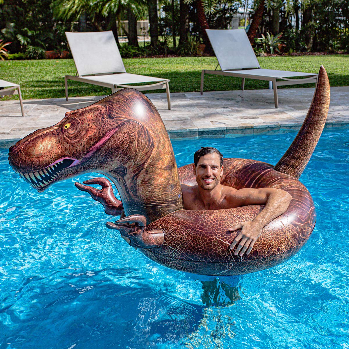 PoolCandy Inflatable T-Rex Dinosaur Swim Ring - 48 X-Large Pool Float for Adults, Teens & Kids - Brown Deluxe Toy for Pool, Lake, River