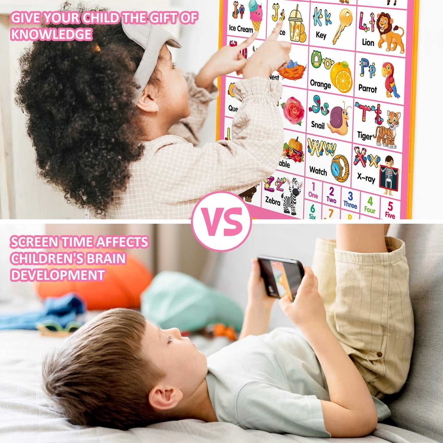 Interactive Alphabet Wall Chart, Talking Abc, 123S, Music Poster, Kids Learning Toys For Toddlers 1-3, Electronic Educational Toddler Toy, Educational Gift For Age 1 2 3 4 5 Year Old Girls Boys - Pink