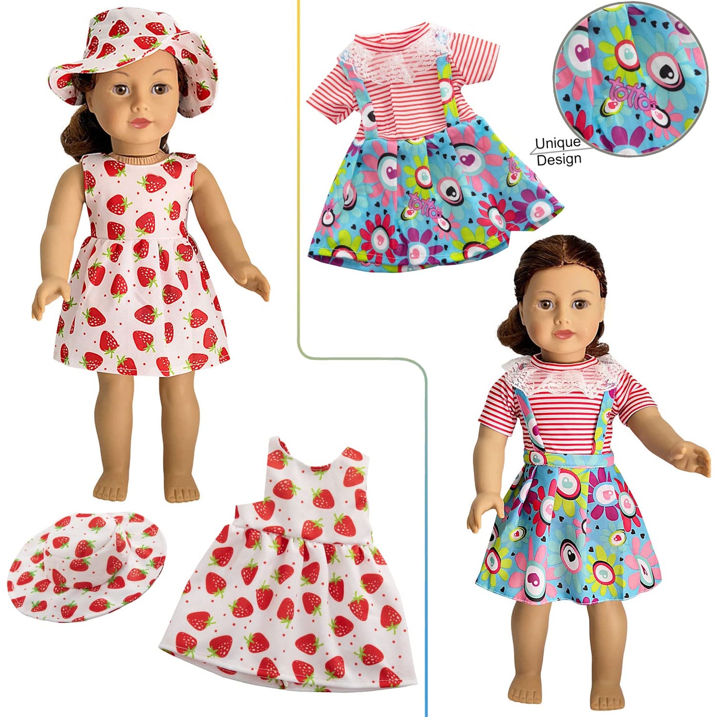 Hoakwa American 18 Inch Doll Clothes - 18 Inch Doll Clothes Accessories Fit American Dolls, 7 Set American Doll Outfits Dress, 18' American Doll Clothes And Accessories With Hat (Not Include The Doll)