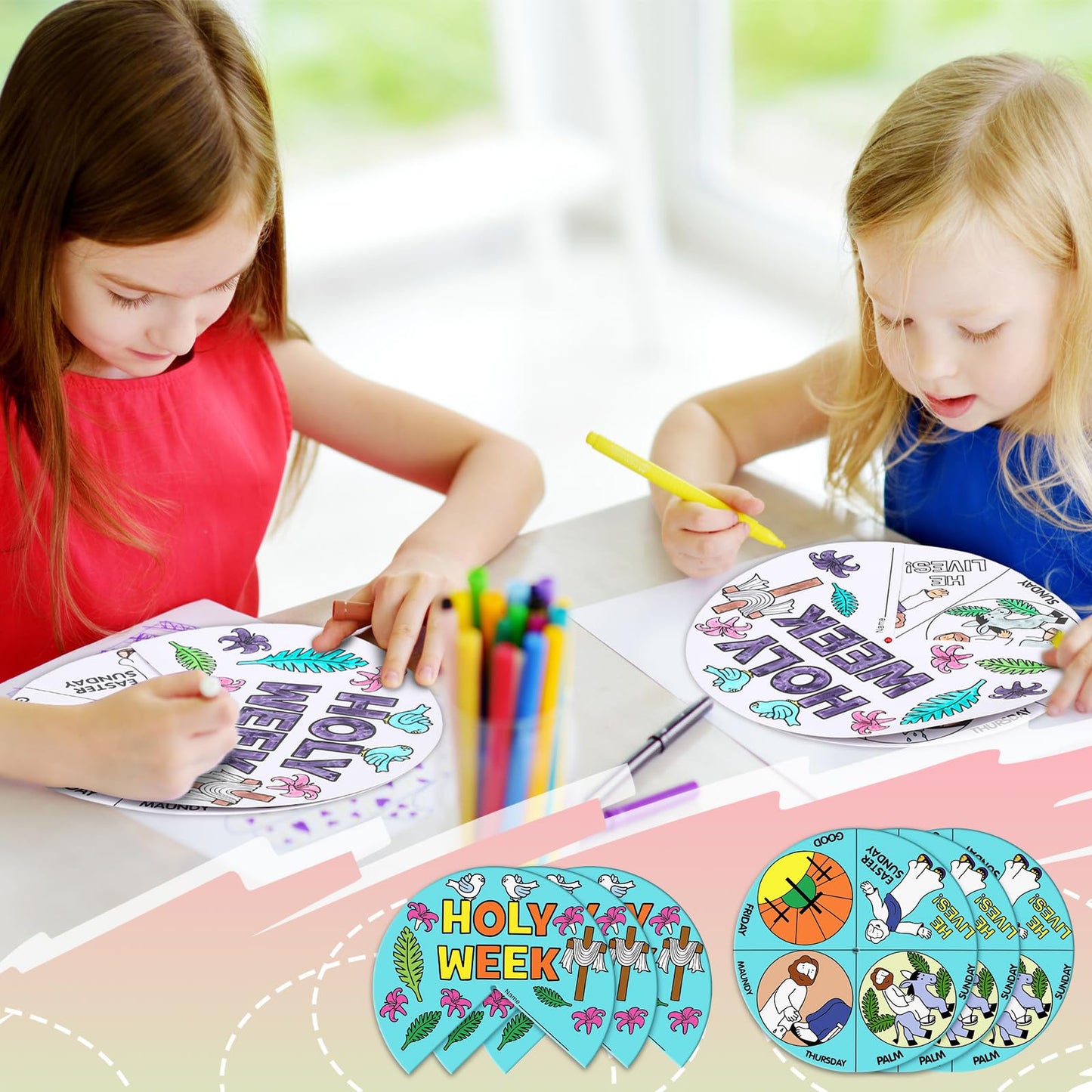 Resurhang 36 Sets Color Your Own Holy Week Wheel, DIY Religious Easter Crafts Kit for Kids Holy Week Color Crafts for Kids Easte