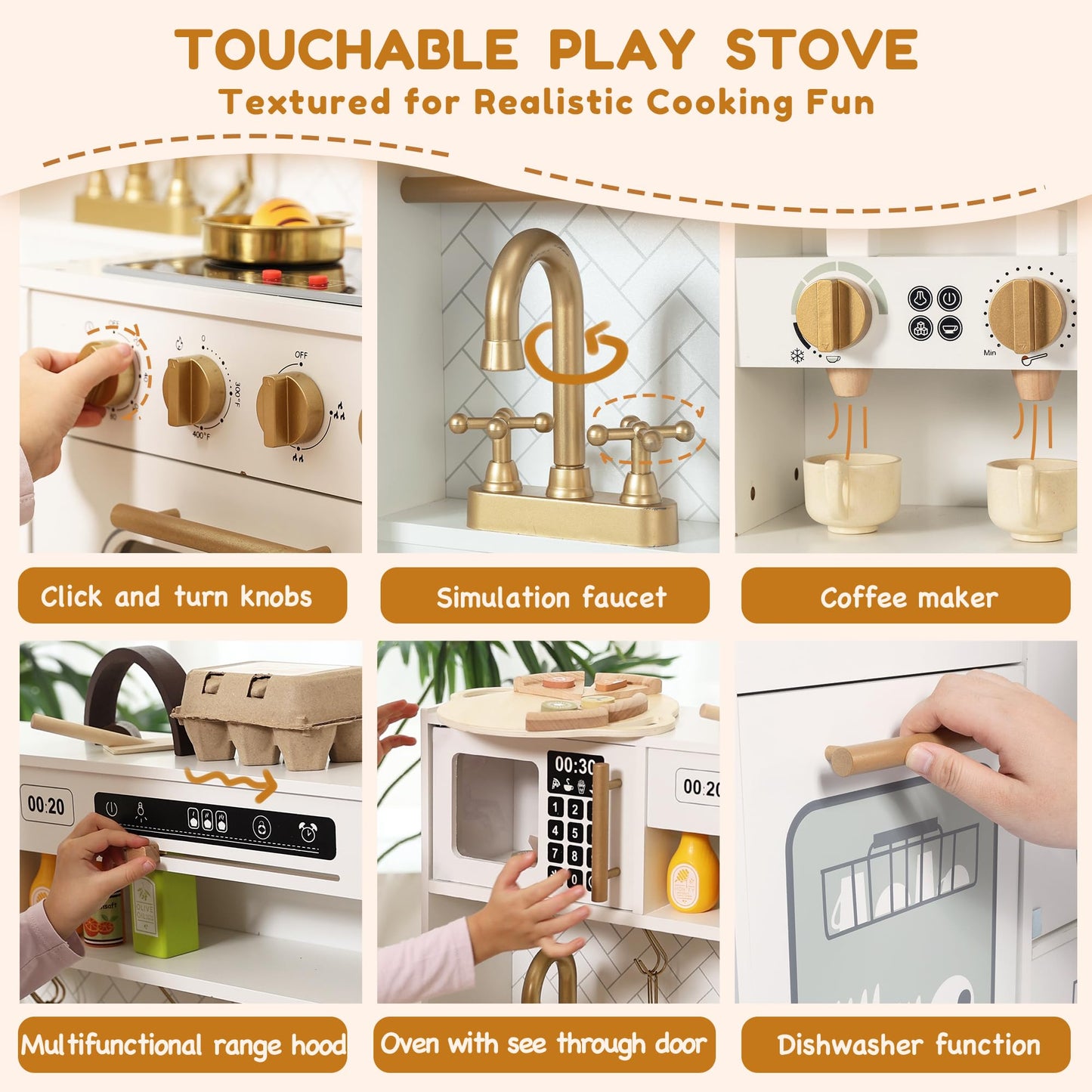 Interactive Wooden Play Kitchen Set For Kids Realistic Features With Extended Storage And 15 Kitchen Accessories, Ideal Pretend
