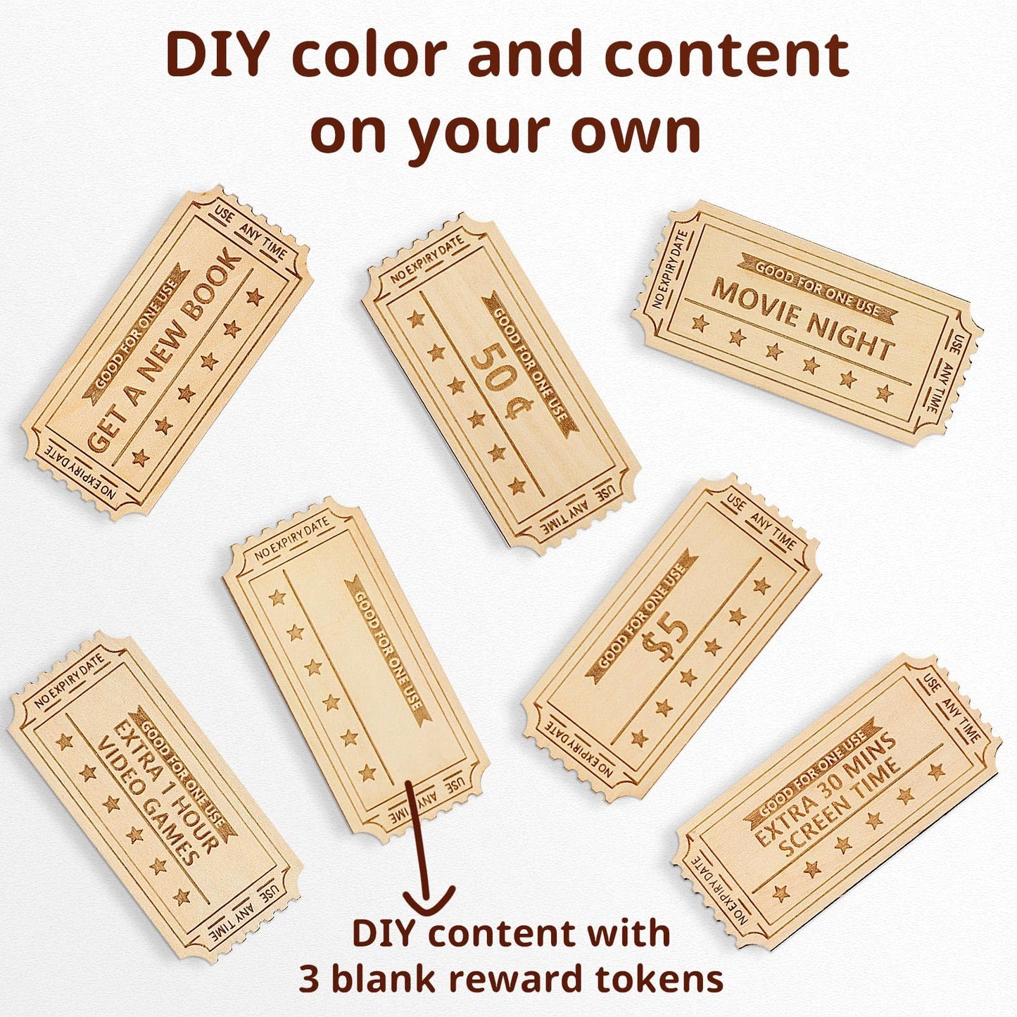 Cypherx Kids Reward Tokens, Unique Birthday Wooden Tokens For Kids, 24 Redeemable Tokens + 3 Blank Diy Tokens, Coupon Shaped (No