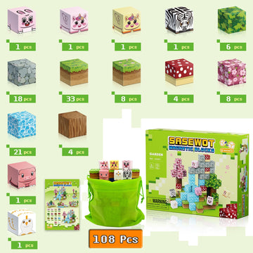 Magnetic Blocks Building Toys,108Pcs Magnetic Building Blocks,Magnets Cubes Garden Set,Toddler Stem Sensory Construction Toys 3