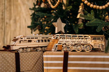 Wood Trick Atlantic Express Train 3D Wooden Puzzles For Adults And Kids To Build - 26.7X4 In - Rides Up To 9 Ft - Mechanical Loc