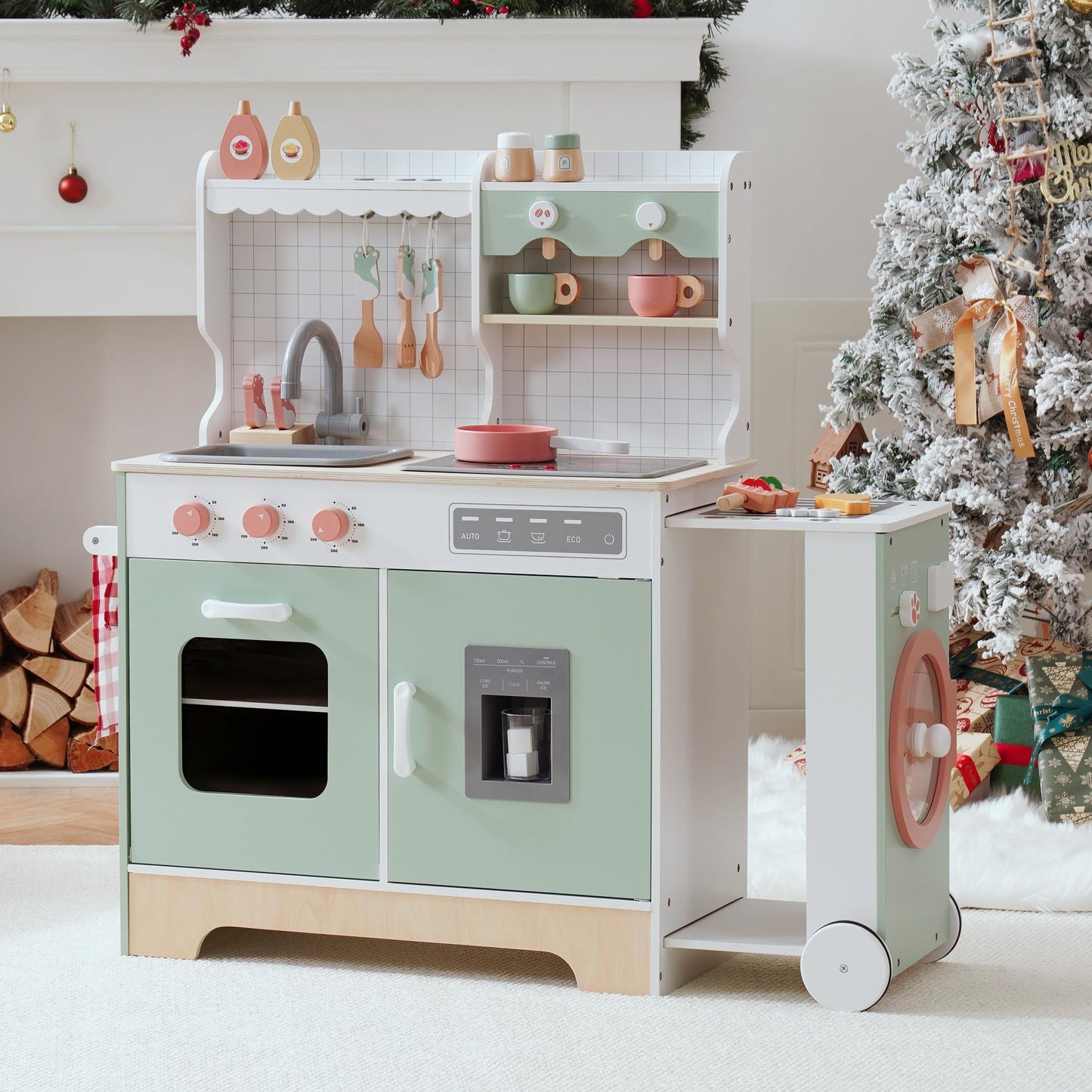 ROBOTIME Wooden Play Kitchen, Wood Kids Play Kitchen with Ice Maker and BBQ, Kids Play Kitchen Pretend Play Set with Lights & So