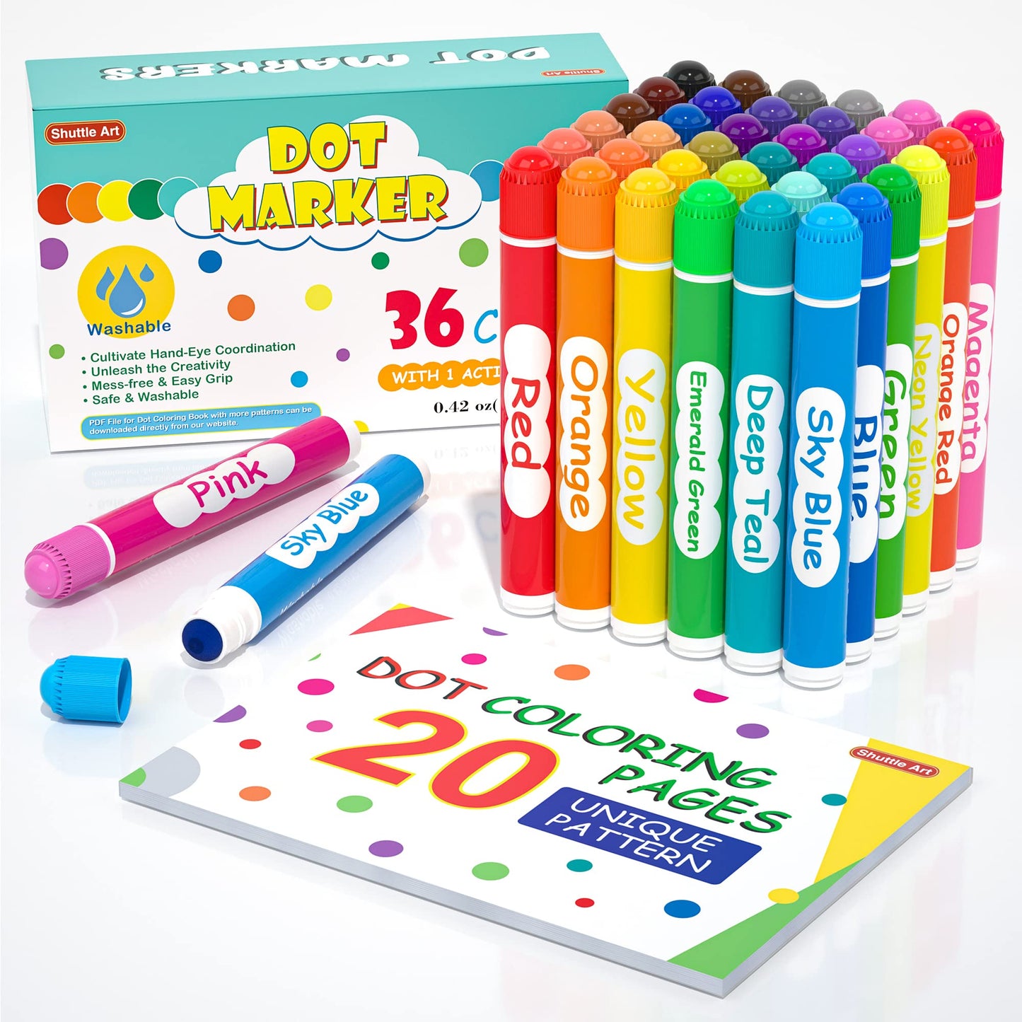 Shuttle Art Washable Dot Markers 36 Colors with Free Activity Book, Fun Art Supplies for Kids Toddlers and Preschoolers, Non Tox