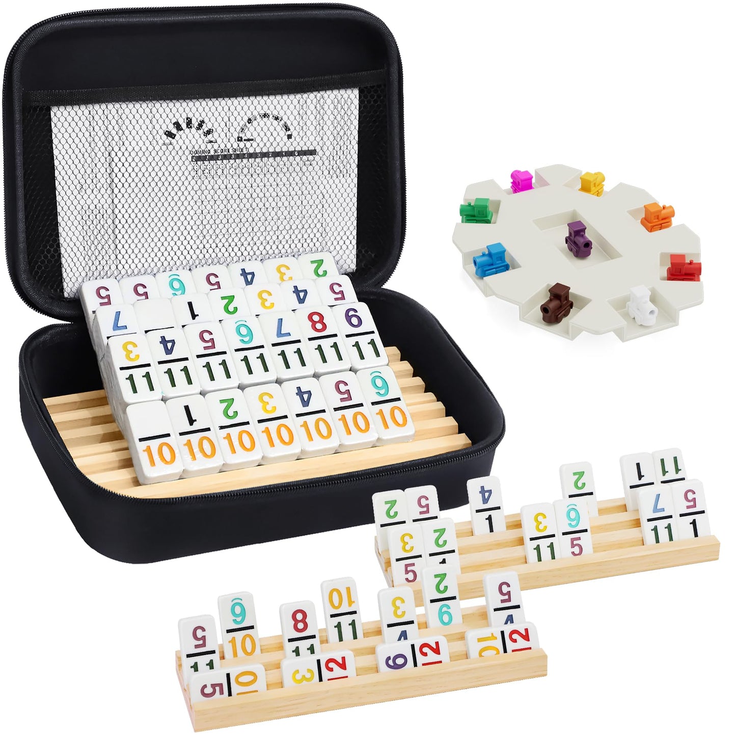 Mexican Train Dominoes Set With Numbers And 4 Wooden Trays/Racks, Double 12 Dominos Travel Set With 4 Tiles Holders, 91 Tiles Double 12 Colored Dominoes Game Set With Portable Case For Families Kids