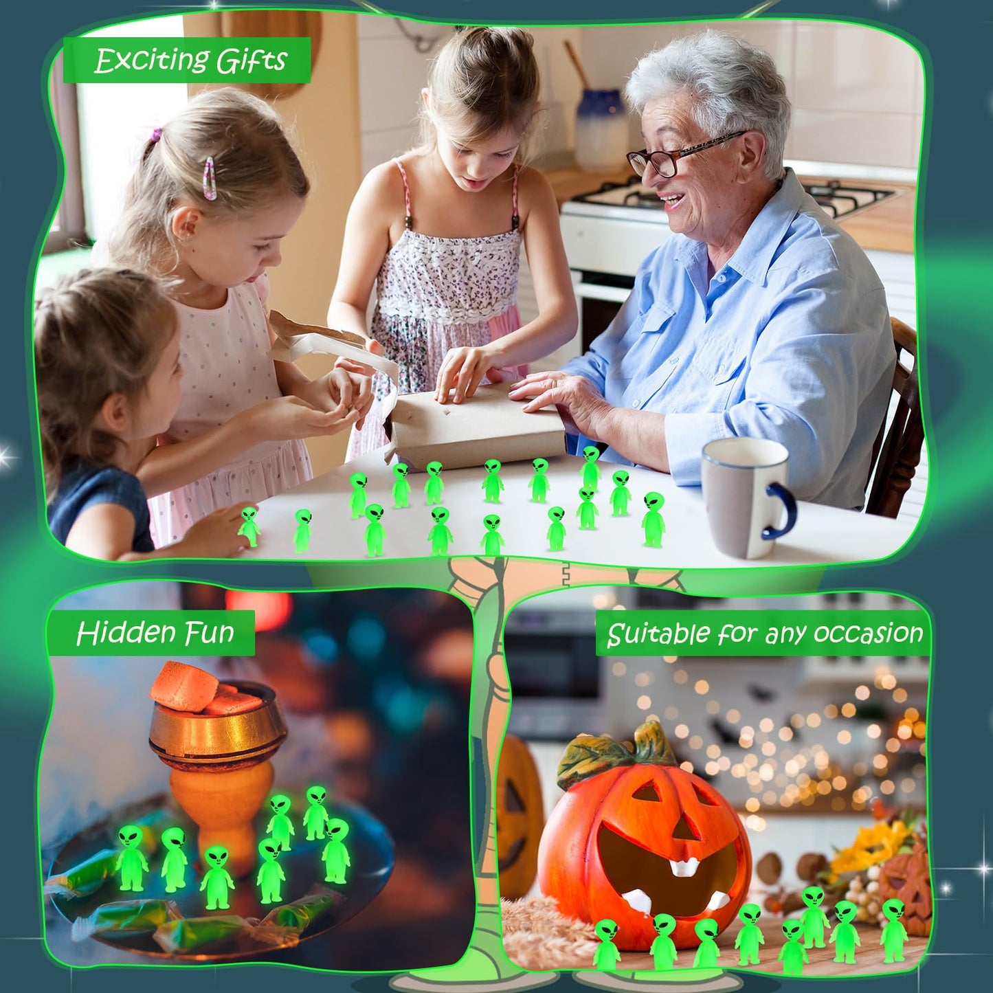 CroBlissful Mini Alien Figures - 50 Pcs Glow in The Dark Rubber Aliens, Fluorescent Green, Perfect for Halloween Party Favors