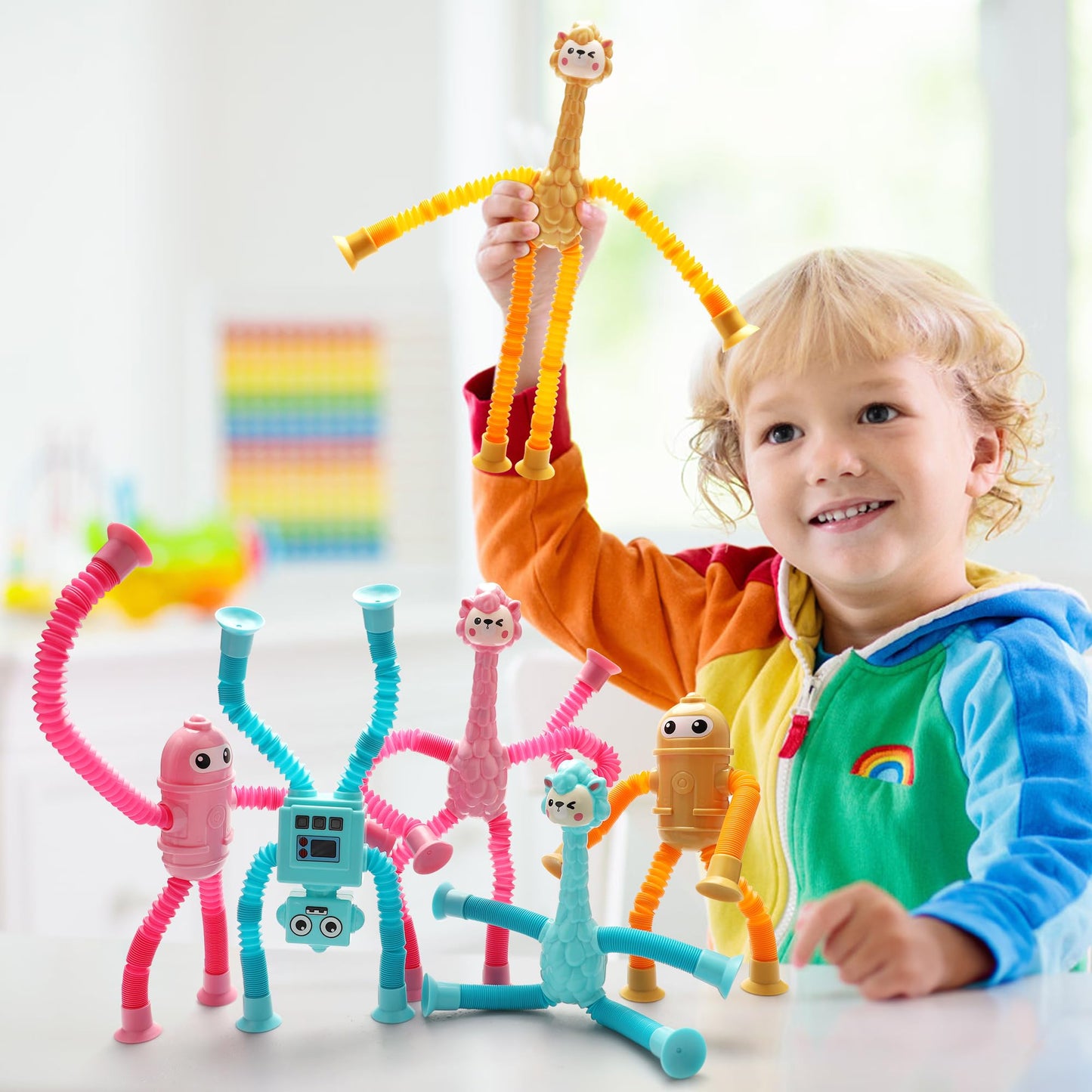 SUKIPIN Pop Tube Giraffe, 4 Pack Telescopic Suction Cup Giraffe Toy, Stretchy Giraffe Suction Toy, Pop Tube Fidget Toys (4 Pack)
