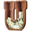 Customized Name Large Wooden Piggy Bank For Kids Boys Girls Alphabets Letter A-Z Coins Bills Money Change Bank Box Initial On Clear Cover (Laser Engraved) (Alphabet-U, Initial-12)