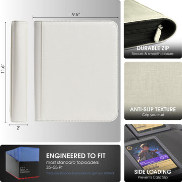 FORZAROCKET 4-Pocket Small Binder for Toploaders - Holds 112 Top Loaders Ringless Waterproof PU Leather for Sports & Trading Cards (White)