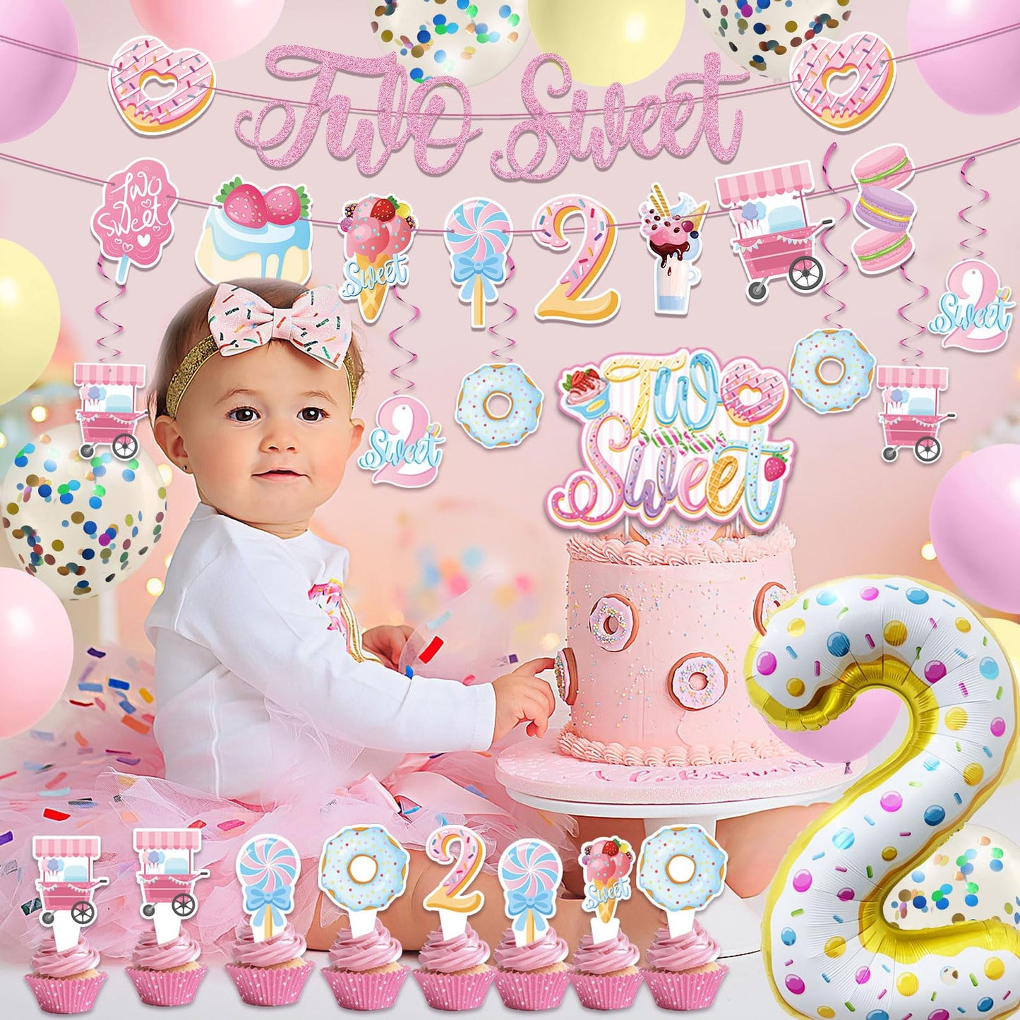 Juyrle Two Sweet Birthday Party Decorations- 2Nd Sweet Party Banner Donut Theme Second Birthday Party Girls Macaron Balloon Garland Kit For Two Years Old Candy Theme Party Supplies