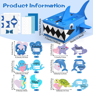 Pasimy DIY Valentines Box for Kids with 36 Sea Animal Cards Shark Valentine Box 3D Mailbox Craft Cards Collector for Boys Girls