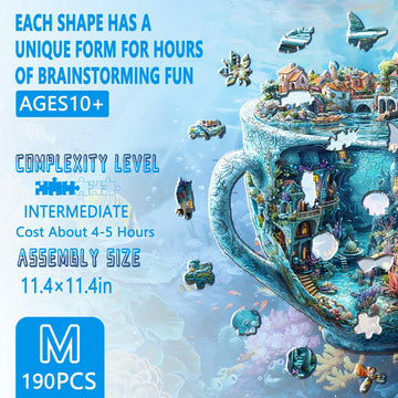 Wooden Puzzles for mature-themeds Ocean Mug Wooden Jigsaw Puzzle for mature-themeds Unique Shaped Wood Puzzles mature-themed Dreamy City Scenery Puzzle Fun Gifts & Home Decor (M-11.4 * 11.4in - 190 pcs)