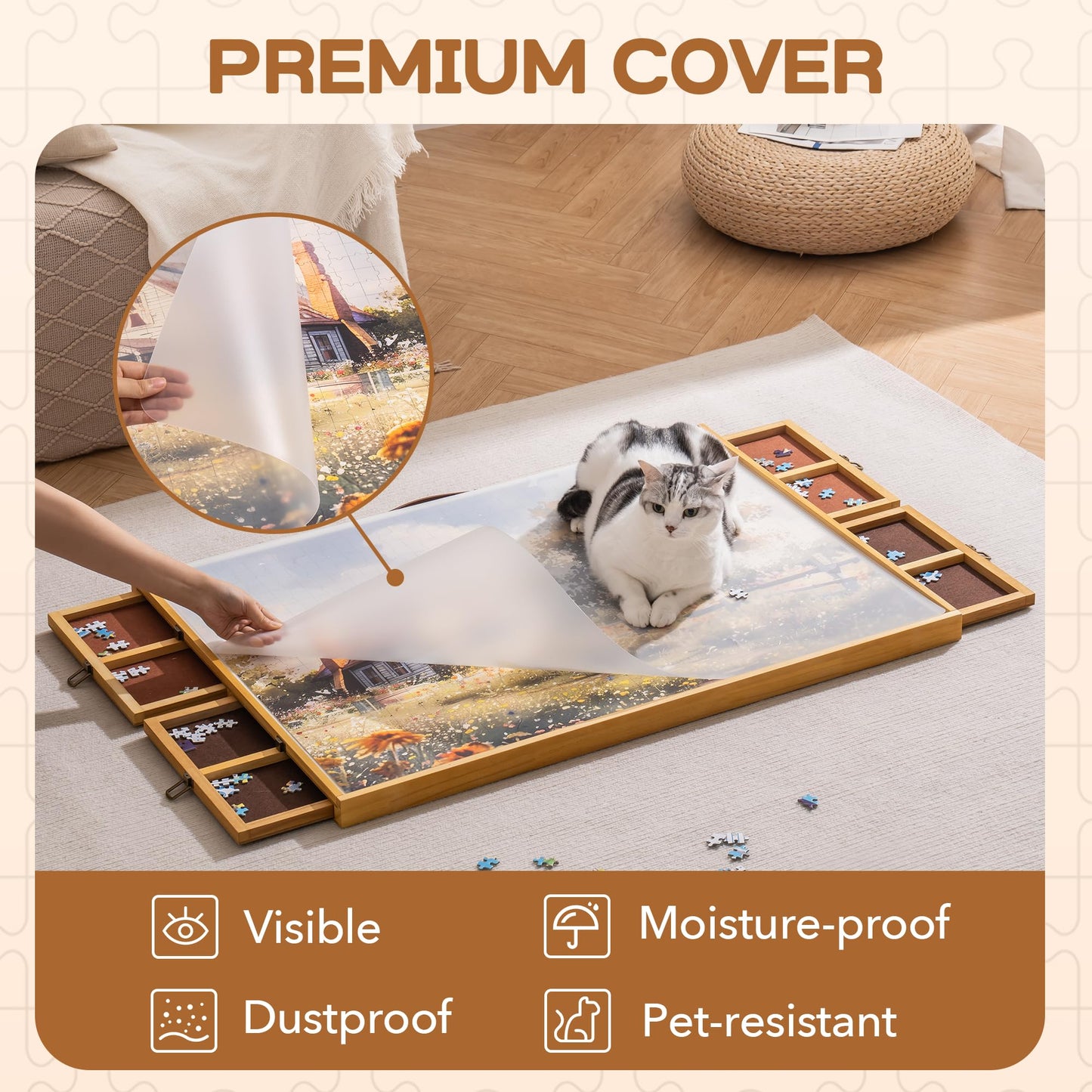 Robud 1500 Piece Rotating Puzzle Board, 35'' X 26'' Portable Jigsaw Puzzle Table With Handle, Visible Cover, 4 Partitioned Drawers And Felted Anti-Skid Surface, Premium Gift For Kids And Adults