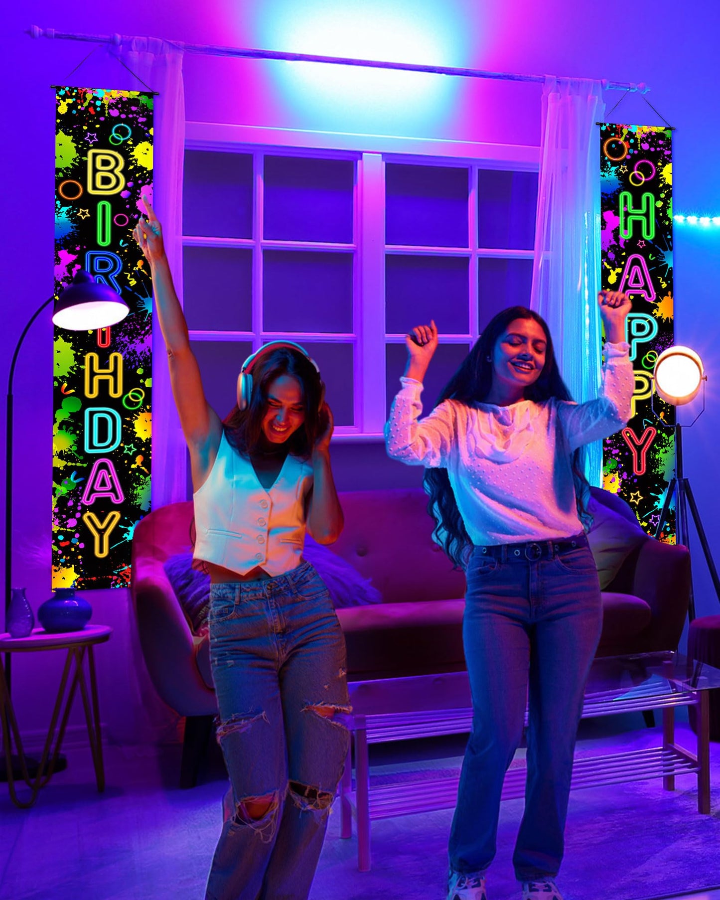 FuWeave Glow in the Dark Door Banner Rave Party Decorations Porch Sign Door Hanger Black light Photography Backdrop Decor for Ne