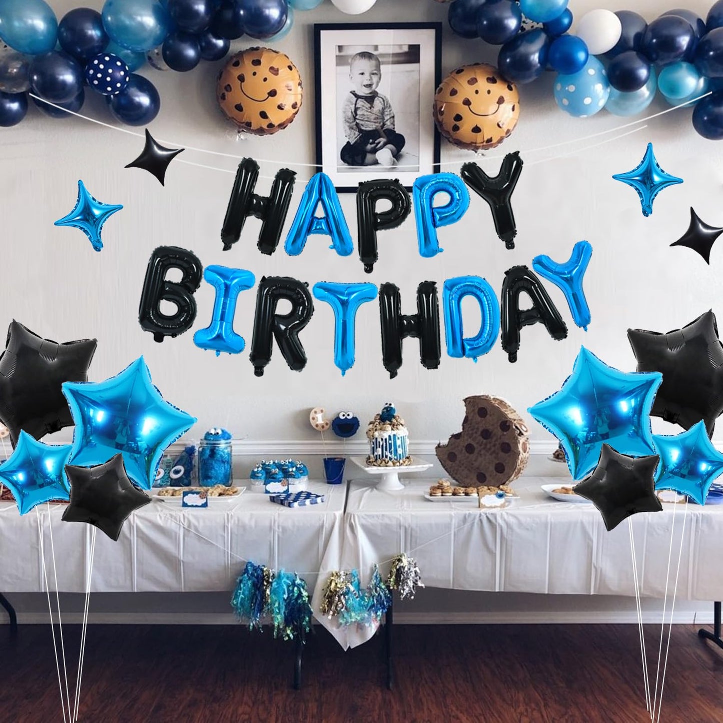 TONIFUL 35PCS Black Blue Birthday Decorations Kit - 16 Inch Happy Birthday Balloon Banner & Star Balloons for All Ages