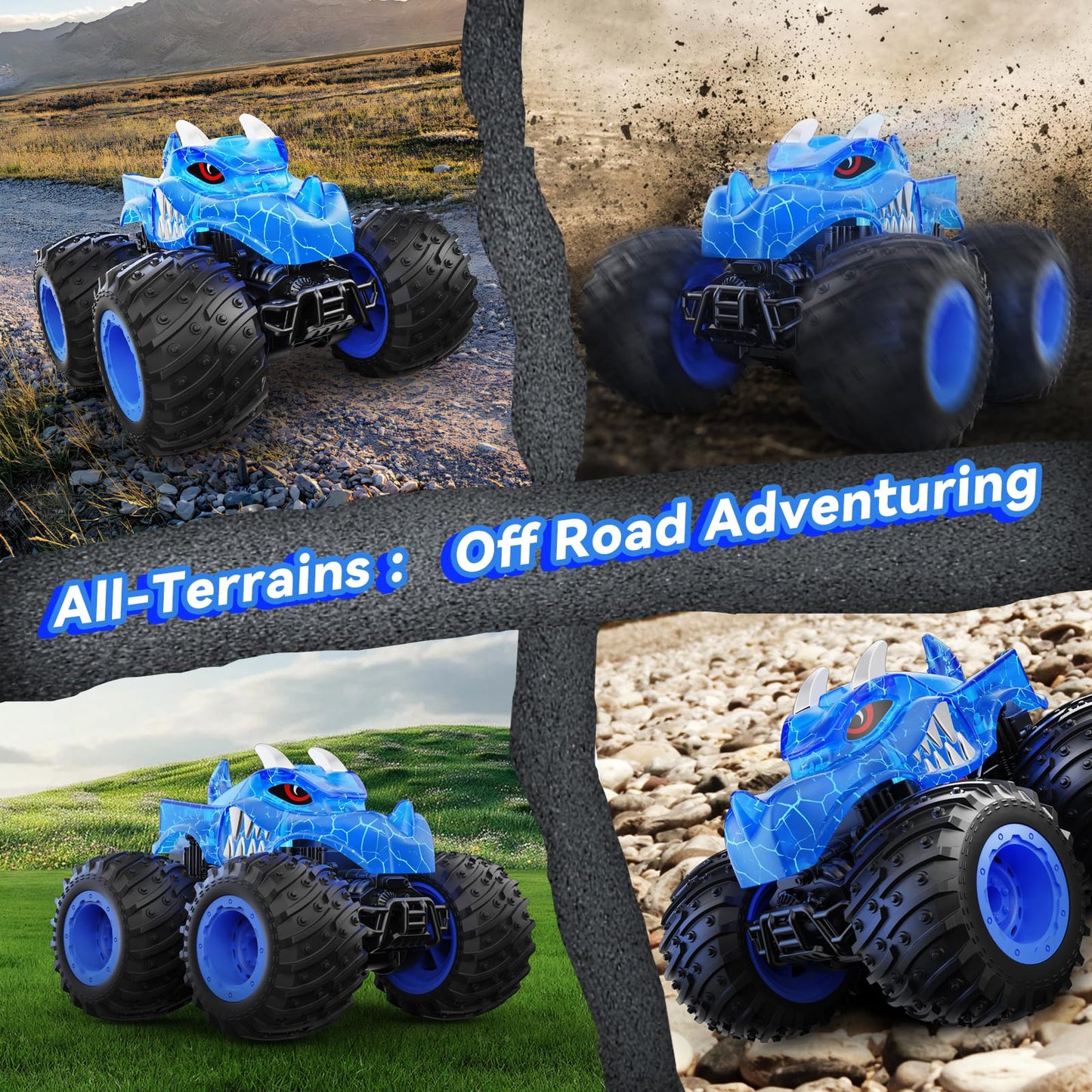 AUUGUU Remote Control Car, 2.4GHz Monster Trucks Toys with Light Spray, Brithday Gift for Kids 3 4 5 6 7 8, All Terrain RC Cars,