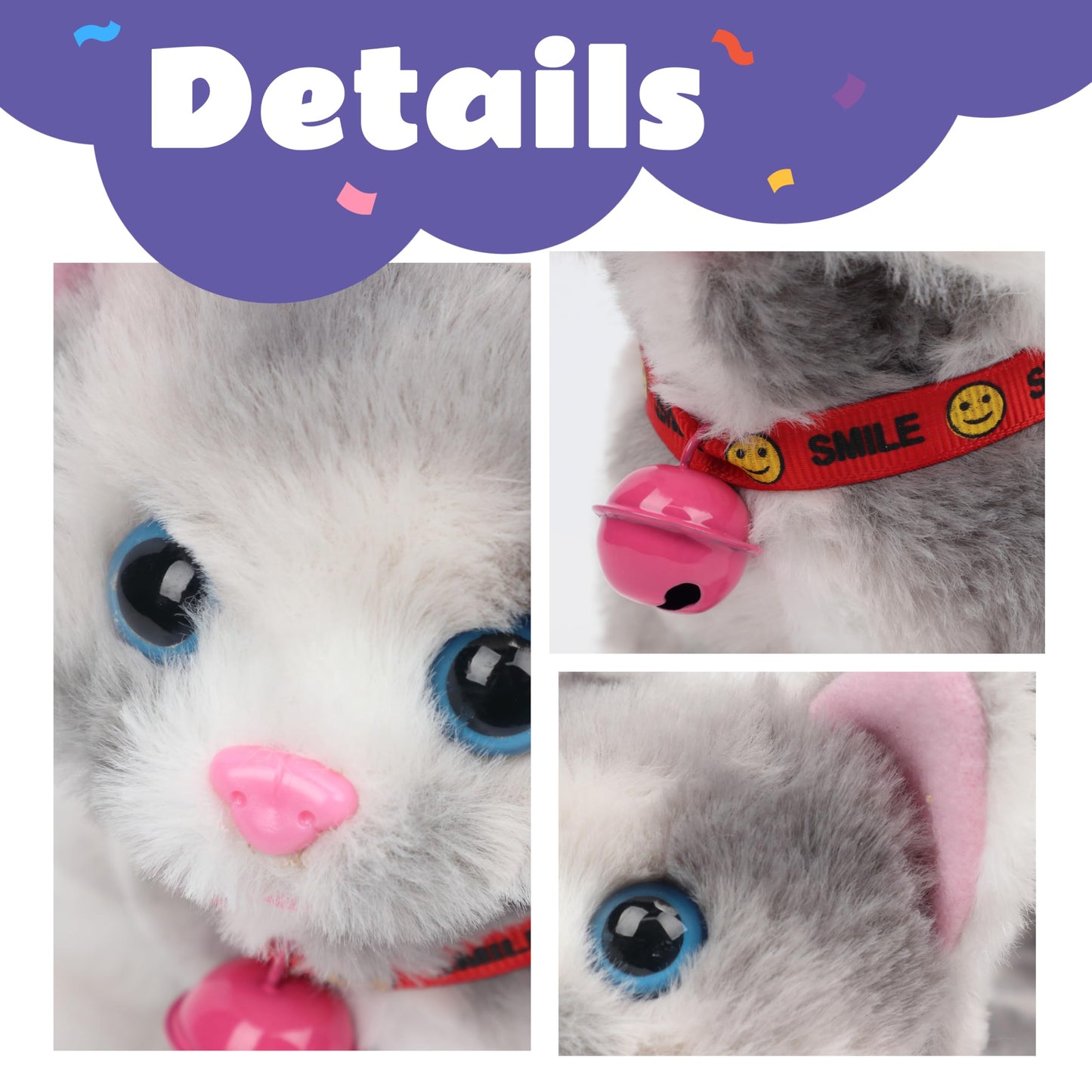 Cuteoy Walking Grey Cat Stuffed Animal Talking Wagging Nodding Educational Plush Kitty Toy Electric Interactive Animated Plushie