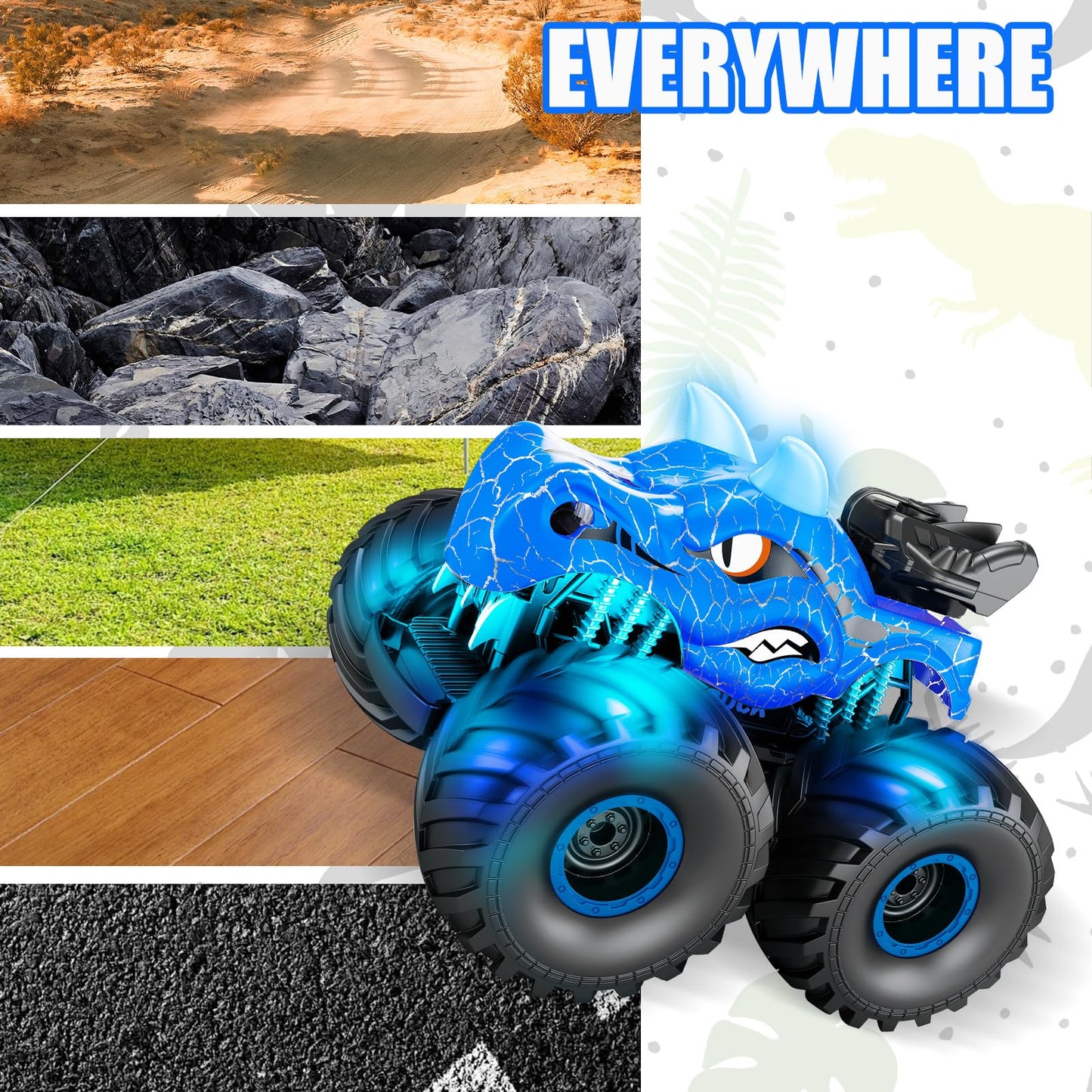 HONGID Dinosaur Remote Control Car,2.4 GHz RC 4WD Monster Trucks for Boys Girls with Light,Sound&Spray,2 Batteries,Dinosaur Toys