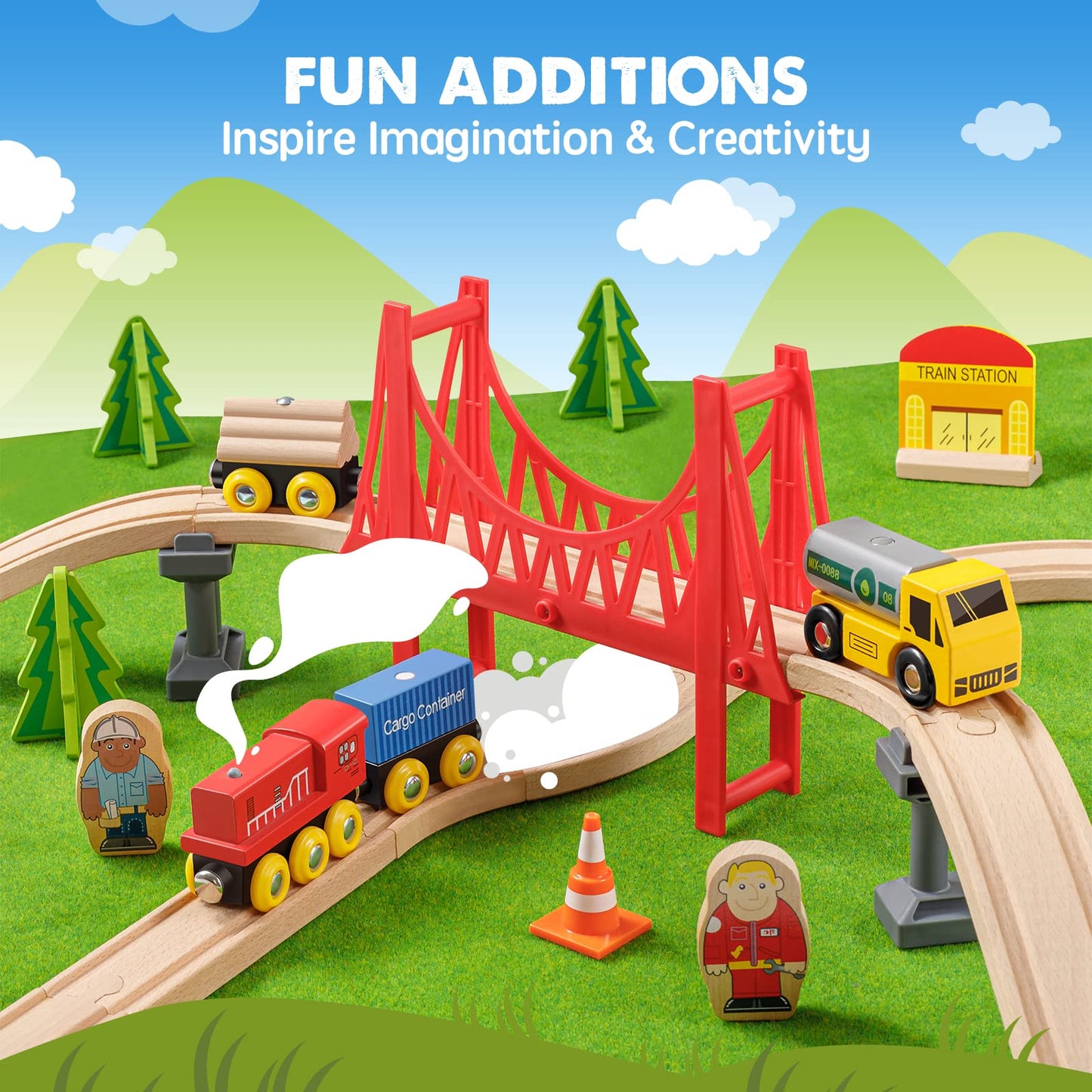 Tiny Land Wooden Train Set - 55PCS Educational Toy for Toddlers & Kids 3-7, Durable Tracks Compatible with Major Brands, Wood Color