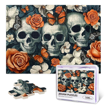 Skull Jigsaw Puzzle For Adults 500 Pieces Vintage Halloween Puzzles Horror Butterfly Flower Skeleton Wooden Puzzle For Family Fr