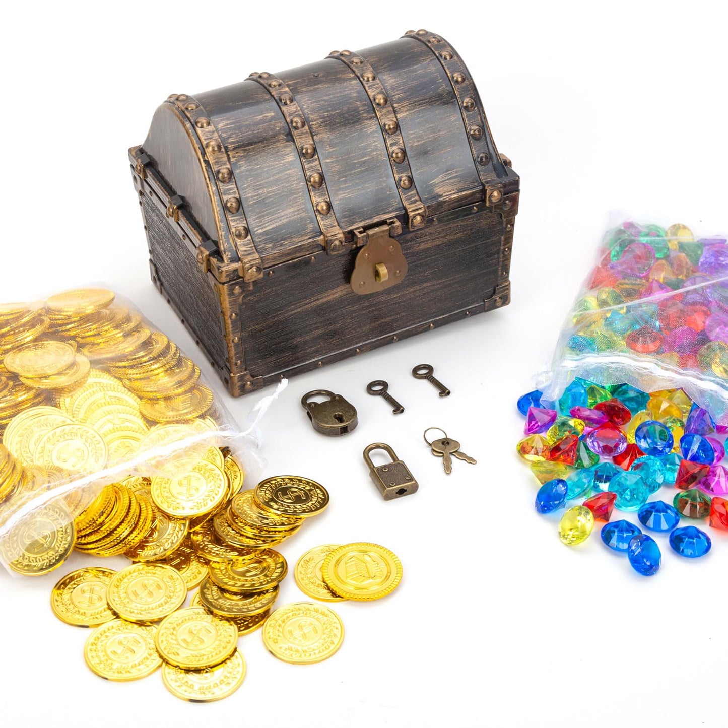 Aifans Treasure Chest For Kids Prizes,Plastic Treasure Chest With 288 Treasure Gold Coins And Gems,Jewels- Perfect For Pirate Th