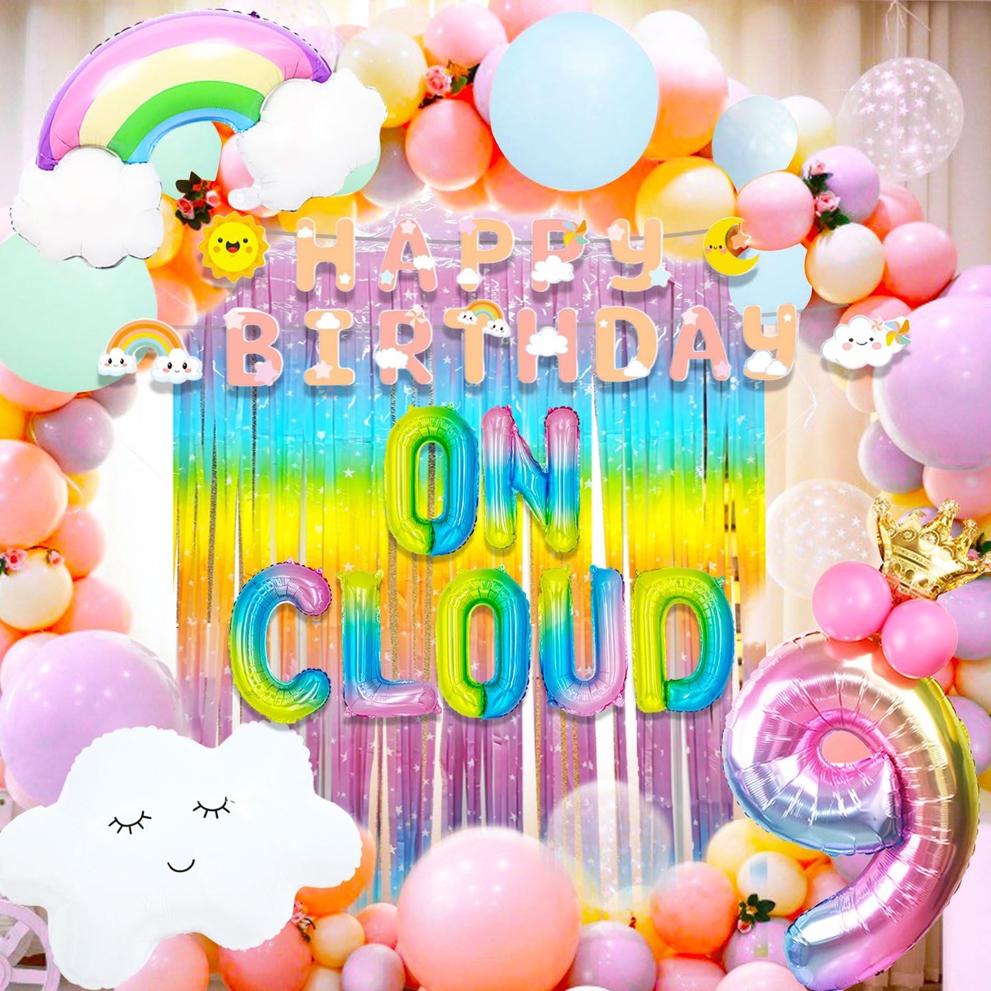 Laventy 57 Pcs Rainbow On Cloud 9 Balloons On Cloud 9 Birthday Decoration On Cloud 9 Cake Topper Nine Years Old Birthday Balloon On Cloud 9 Party Supplies Cloud Balloon
