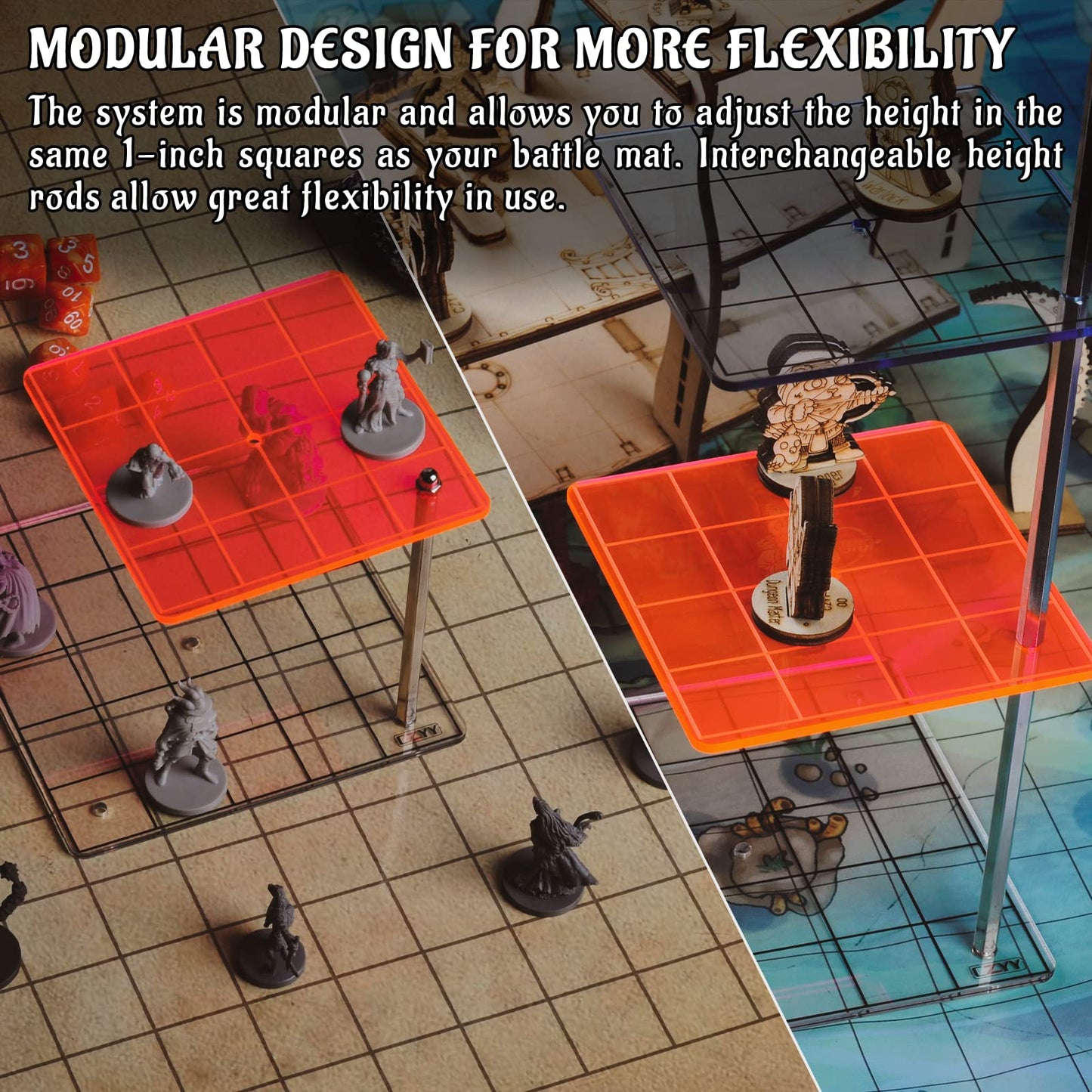 3D Combat Risers Set Colored Acrylic Connected By Metal Pillars Flying Miniature Flight Stand With 1 Inch Squaregrid Great Warga